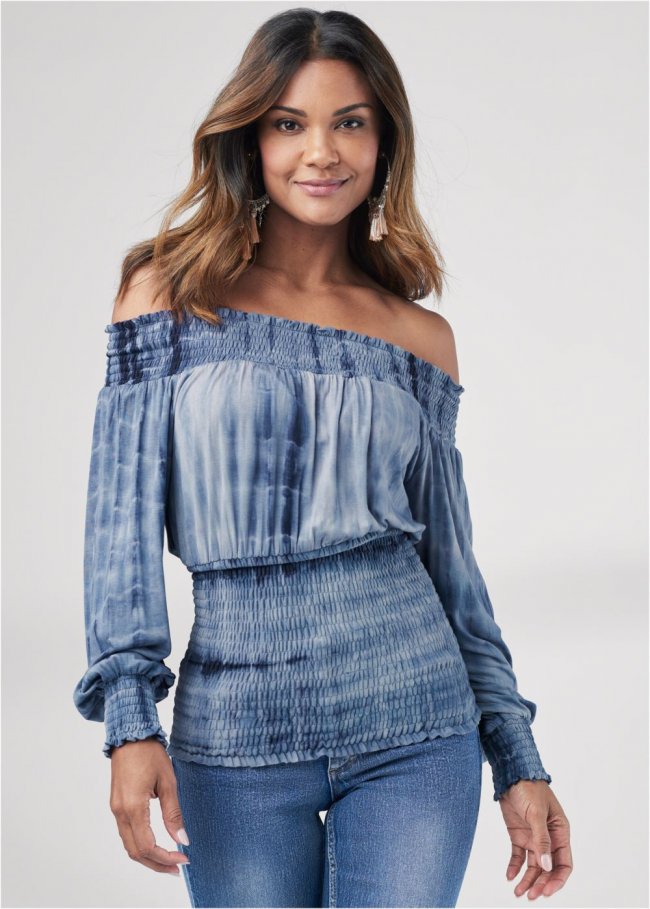 Venus Tie-Dye Off-The-Shoulder Top in Navy Multi Venus Tie-Dye Off-The-Shoulder Top in Navy Multi