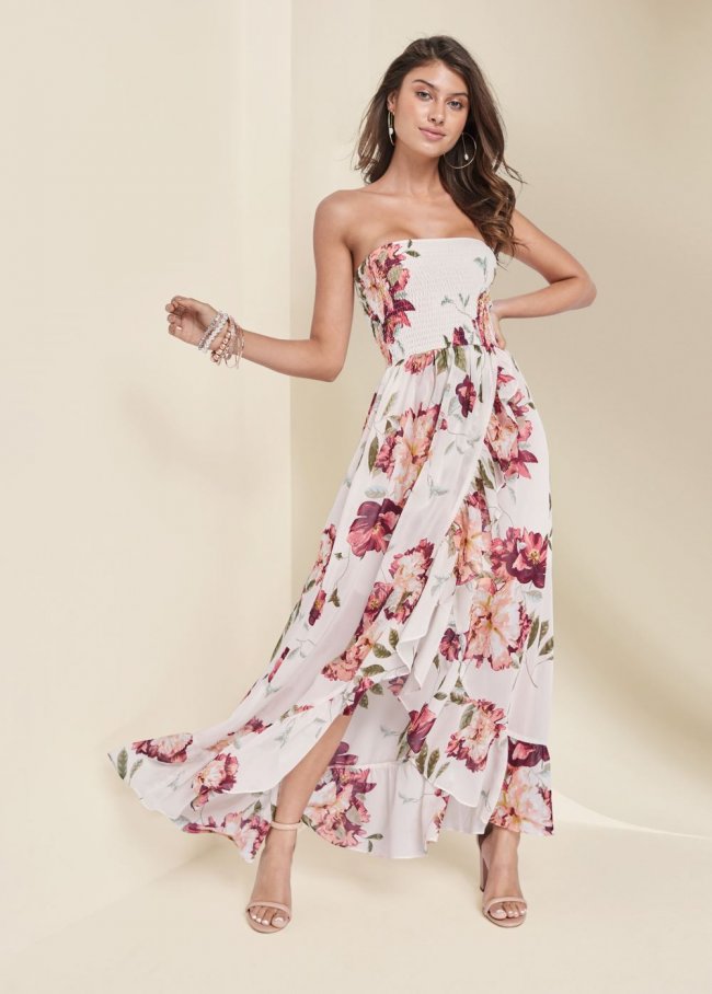 Venus Strapless Smocked Dress - White Multi Venus Strapless Smocked Dress - White Multi