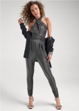 Venus Cross-Neck Sparkle Jumpsuit in Silver Venus Cross-Neck Sparkle Jumpsuit in Silver