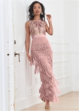 Venus Embroidered Fringe Long Dress - Tan Venus Embroidered Fringe Long Dress - Tan