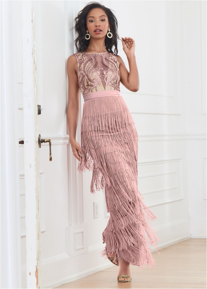 Venus Embroidered Fringe Long Dress - Tan