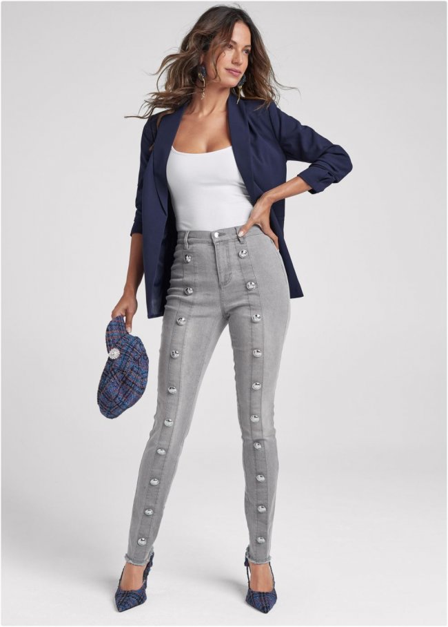Venus Button Detail Skinny Jeans in Grey Denim Venus Button Detail Skinny Jeans in Grey Denim