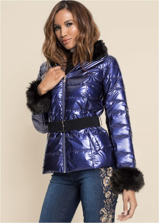 Venus Faux-Fur Trim Puffer Jacket in Blue Venus Faux-Fur Trim Puffer Jacket in Blue
