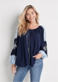Venus Embroidered Peasant Top in Navy Multi Venus Embroidered Peasant Top in Navy Multi
