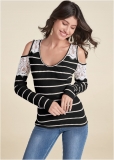 Venus Waffle Knit Lace Top in Black & White Venus Waffle Knit Lace Top in Black & White