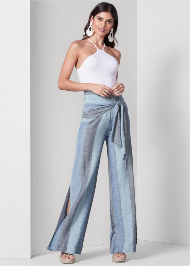 Venus Tie-Front Linen Pants in Blue Multi Venus Tie-Front Linen Pants in Blue Multi