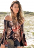 Venus Off-The-Shoulder Floral Top in Black & Orange Venus Off-The-Shoulder Floral Top in Black & Orange