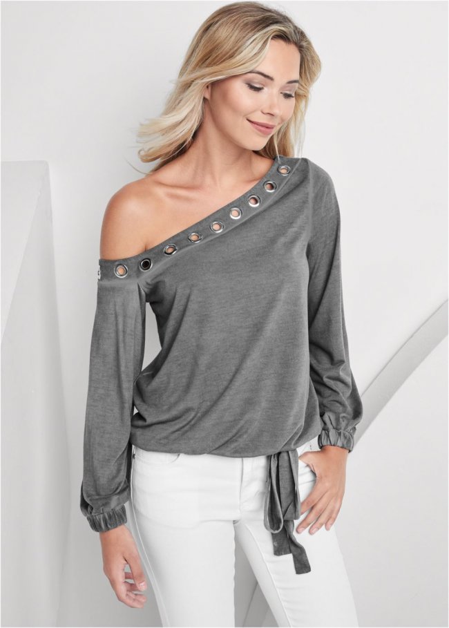 Venus One-Shoulder Grommet Top in Grey