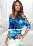Venus Printed Sleeve Detail Top in Blue Multi Venus Printed Sleeve Detail Top in Blue Multi