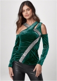 Venus Embellished Velvet Long Sleeve Top in Green Venus Embellished Velvet Long Sleeve Top in Green