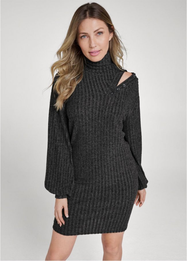 Venus Ribbed Hacci Button Dress in Black Venus Ribbed Hacci Button Dress in Black