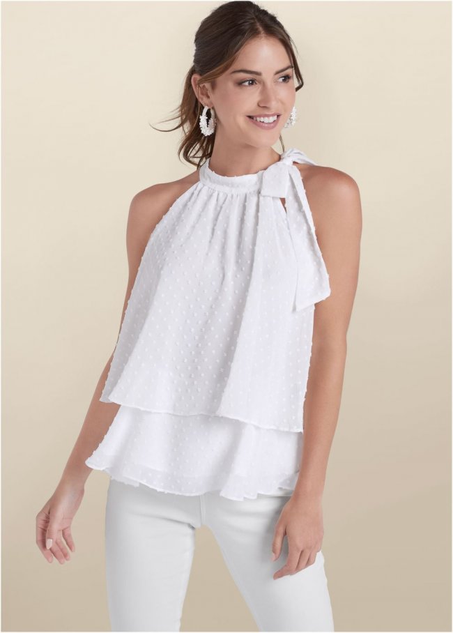 Venus Swiss Dot Mock-Neck Top in White Venus Swiss Dot Mock-Neck Top in White