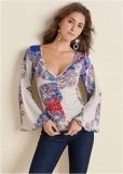 Venus Ruched Printed Top in Red Multi Venus Ruched Printed Top in Red Multi