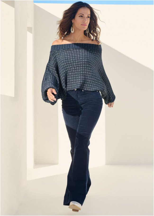 Venus VENUS | Off The Shoulder Sweater in Navy & White Venus VENUS | Off The Shoulder Sweater in Navy & White