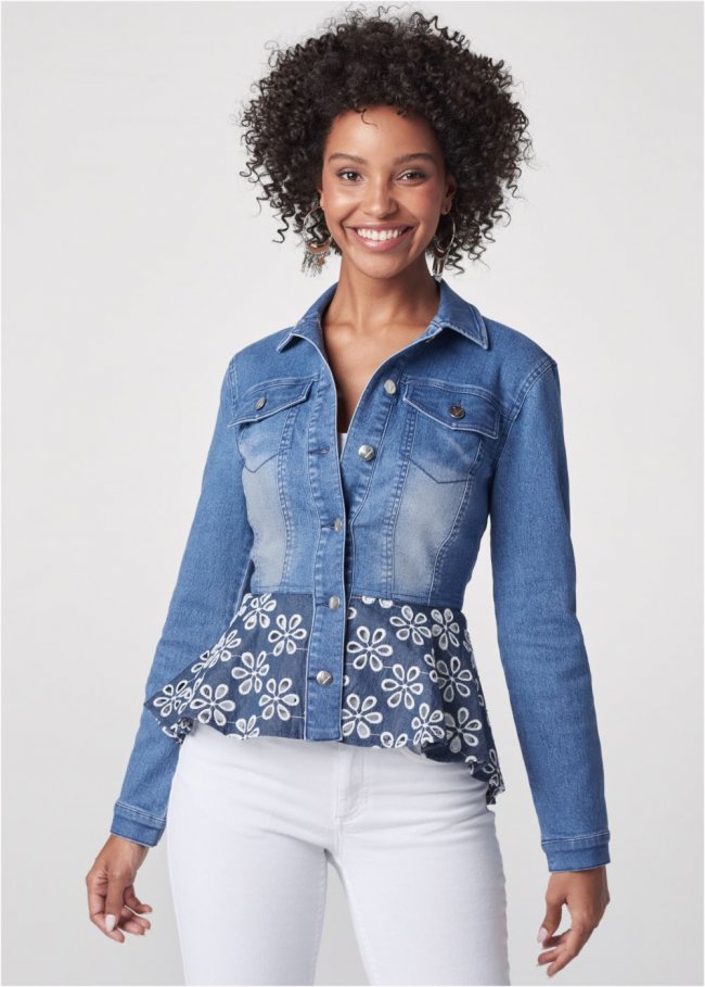 Venus Daisy Peplum Jean Jacket in Denim Blue Venus Daisy Peplum Jean Jacket in Denim Blue