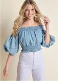 Venus Off-Shoulder Chambray Top in Blue & White Venus Off-Shoulder Chambray Top in Blue & White