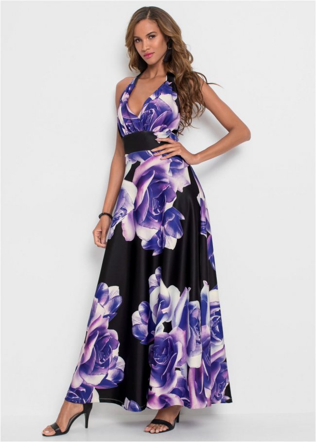 Venus Floral Printed Long Dress - Black & Purple Venus Floral Printed Long Dress - Black & Purple