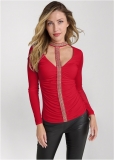 Venus Embellished Trim Ruched Top in Red Venus Embellished Trim Ruched Top in Red