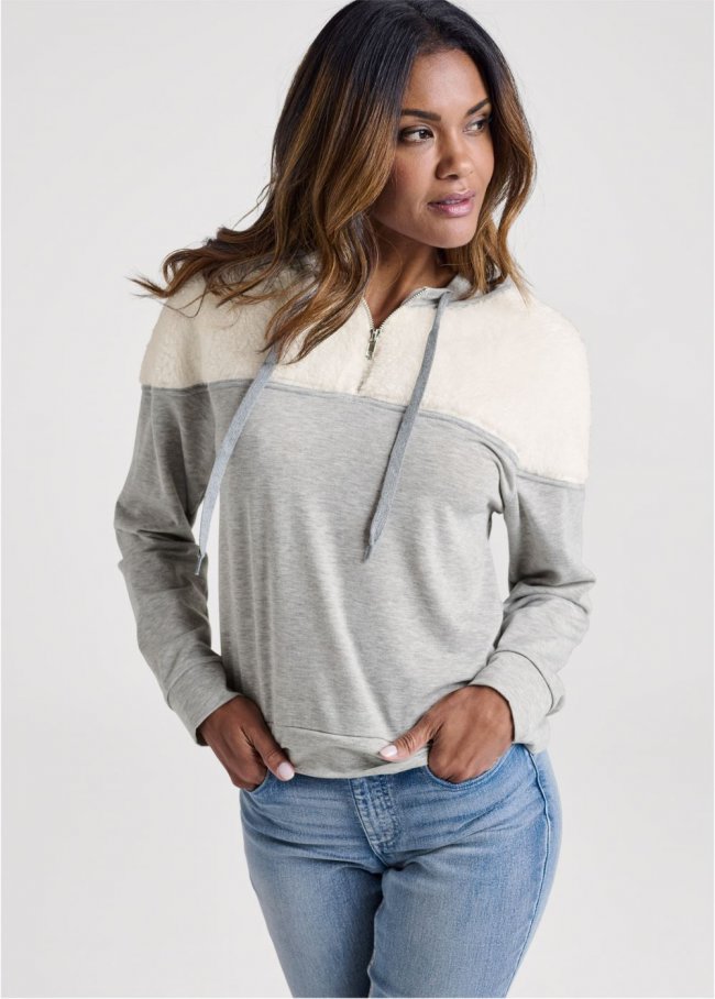 Venus Sherpa Neck-Zip Sweatshirt in Off White & Heather Grey Venus Sherpa Neck-Zip Sweatshirt in Off White & Heather Grey