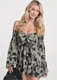 Venus Bell Sleeve Smocked Romper in Grey & Black Venus Bell Sleeve Smocked Romper in Grey & Black