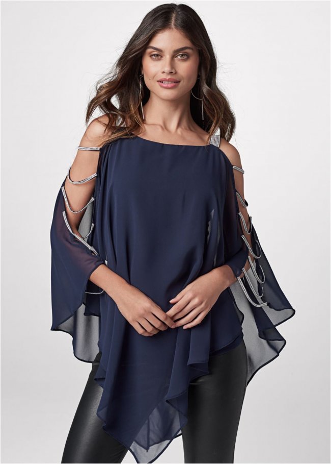 Venus Rhinestone Sleeve Detail Top in Navy Venus Rhinestone Sleeve Detail Top in Navy