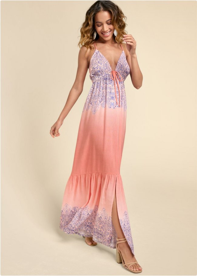 Venus Printed Linen Plunge Dress - Blush Multi Venus Printed Linen Plunge Dress - Blush Multi