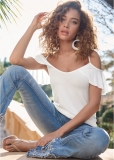 Venus Ruffle Cold-Shoulder Top in White Venus Ruffle Cold-Shoulder Top in White