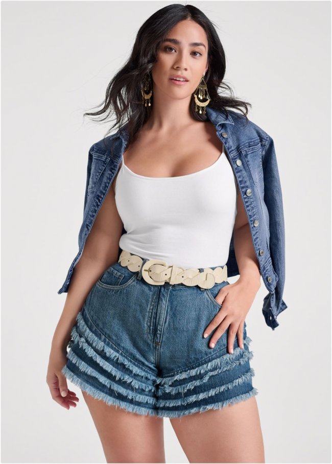 Venus Frayed Ruffle Jean Shorts - Medium Wash Venus Frayed Ruffle Jean Shorts - Medium Wash