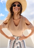 Venus Cold-Shoulder V-Neck Top in Tan Venus Cold-Shoulder V-Neck Top in Tan