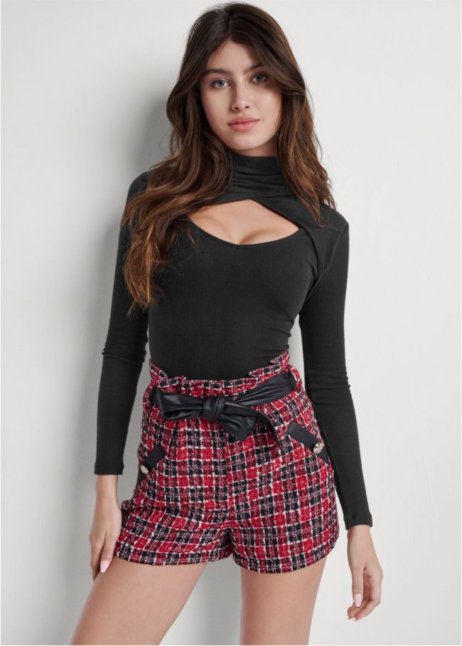 Venus Gathered Tweed Shorts - Black & Red Venus Gathered Tweed Shorts - Black & Red
