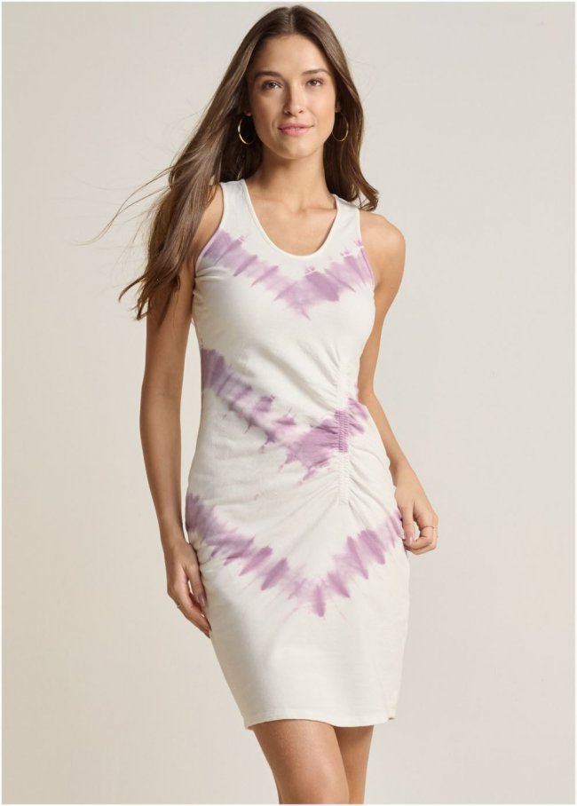 Venus Tie Dye Ruched Lounge Dress in White & Purple Venus Tie Dye Ruched Lounge Dress in White & Purple
