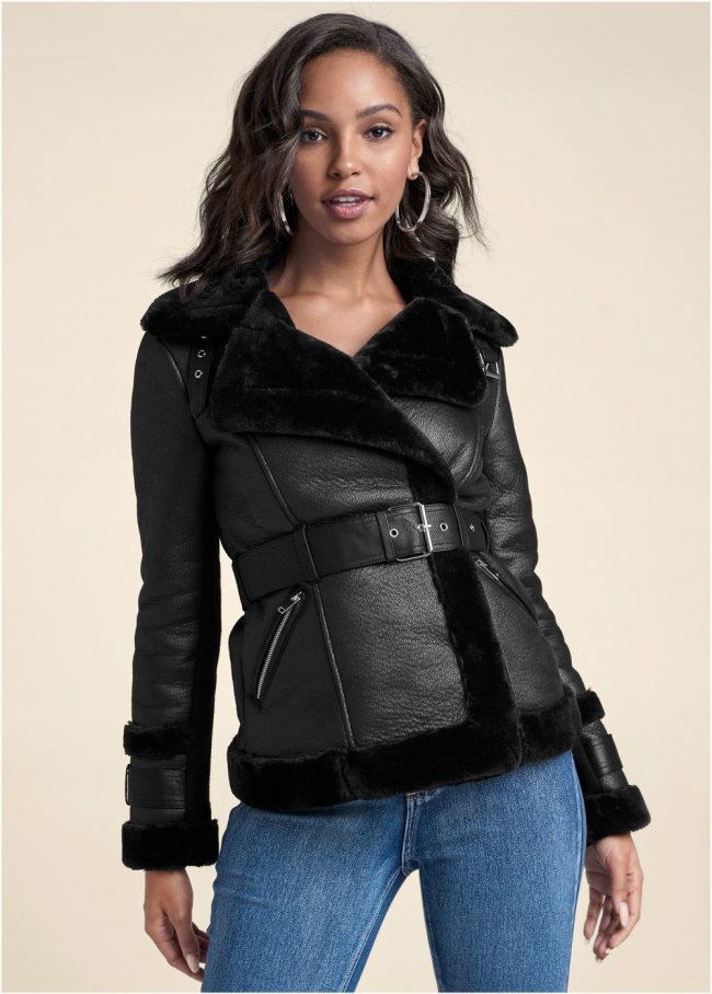 Venus Faux-Leather And Fur Coat in Black Venus Faux-Leather And Fur Coat in Black