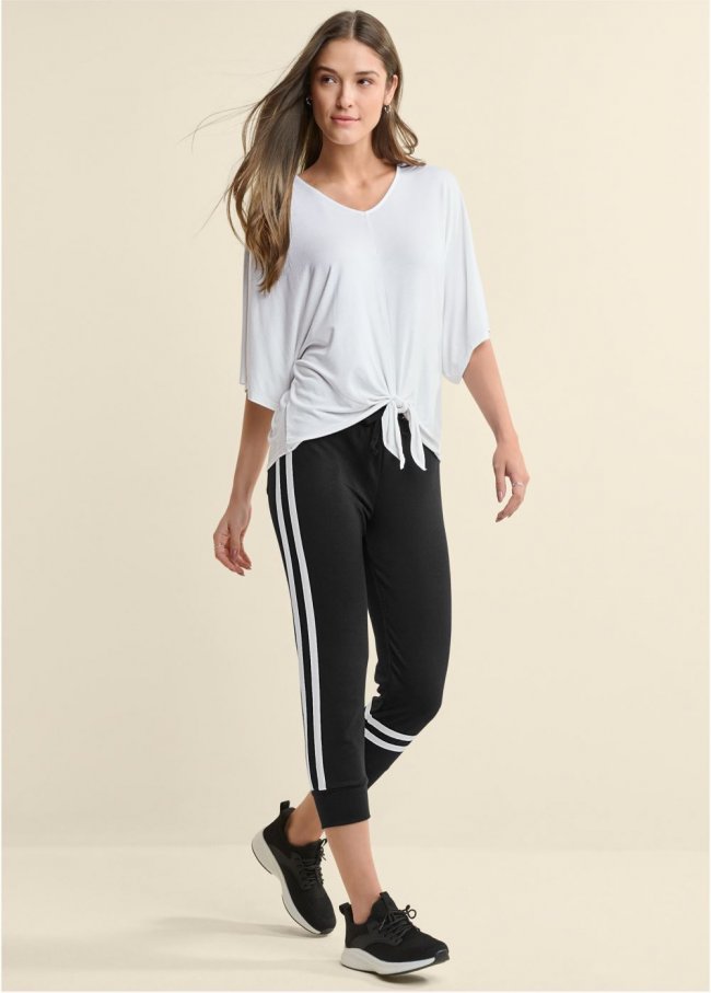 Venus Stripe Detail Lounge Capris in Black & White Venus Stripe Detail Lounge Capris in Black & White