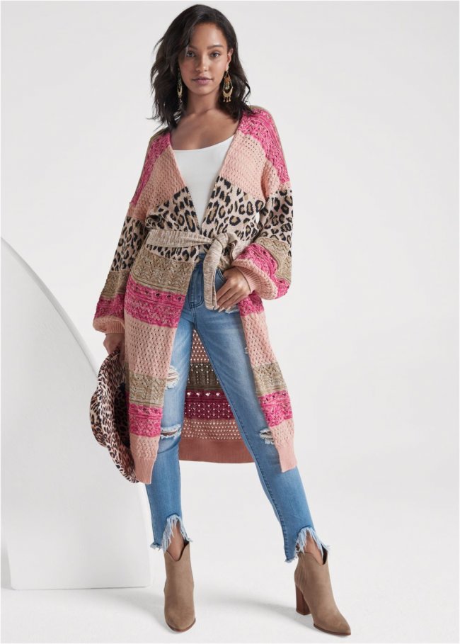 Venus VENUS | Mixed Print Belted Duster in Pink Multi Venus VENUS | Mixed Print Belted Duster in Pink Multi