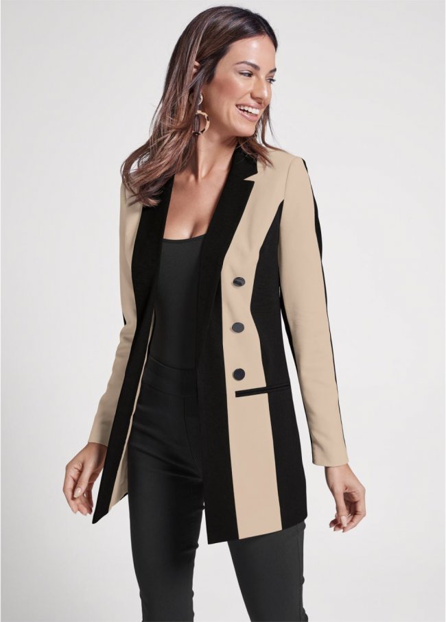 Venus Color Block Boyfriend Blazer in Black & Tan Venus Color Block Boyfriend Blazer in Black & Tan