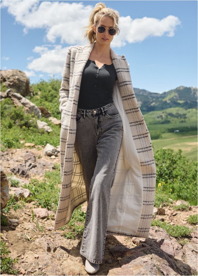 Venus Plaid Printed Full Length Coat in Off White Multi Venus Plaid Printed Full Length Coat in Off White Multi
