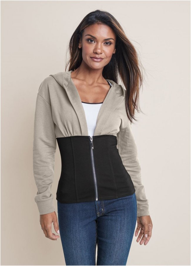 Venus Two Tone Zip-Front Sweatshirt in Black & Grey Venus Two Tone Zip-Front Sweatshirt in Black & Grey