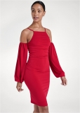 Venus Cold-Shoulder Ruched Dress - Red Venus Cold-Shoulder Ruched Dress - Red