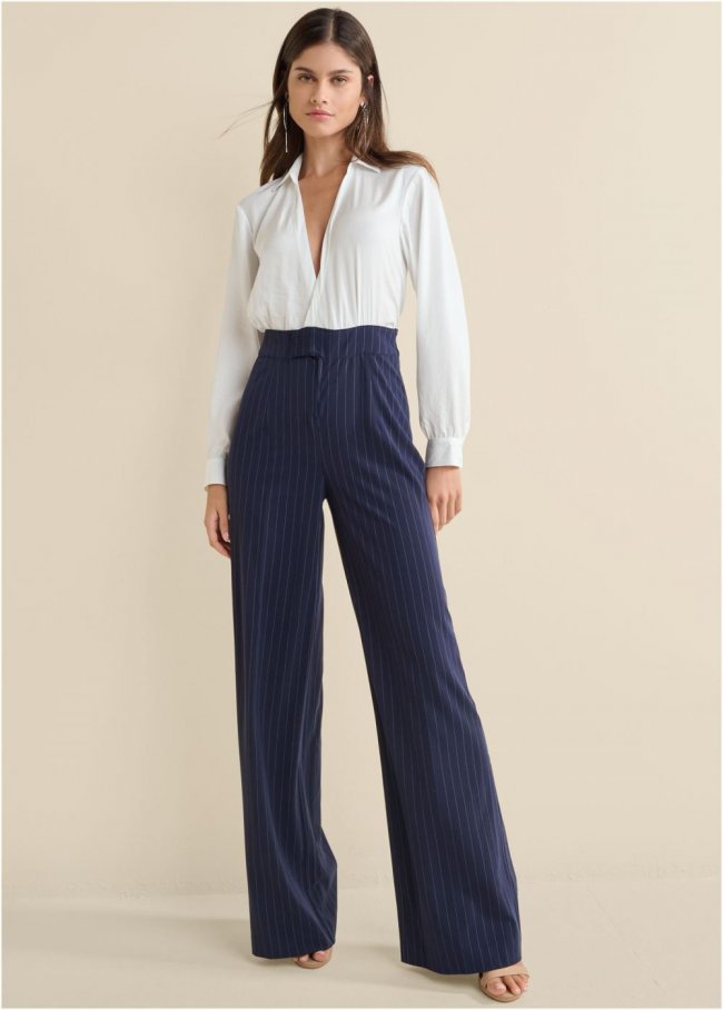 Venus Pinstripe Wide Leg Jumpsuit in Navy & White Venus Pinstripe Wide Leg Jumpsuit in Navy & White