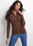 Venus Snap Front Collared Top in Brown Venus Snap Front Collared Top in Brown