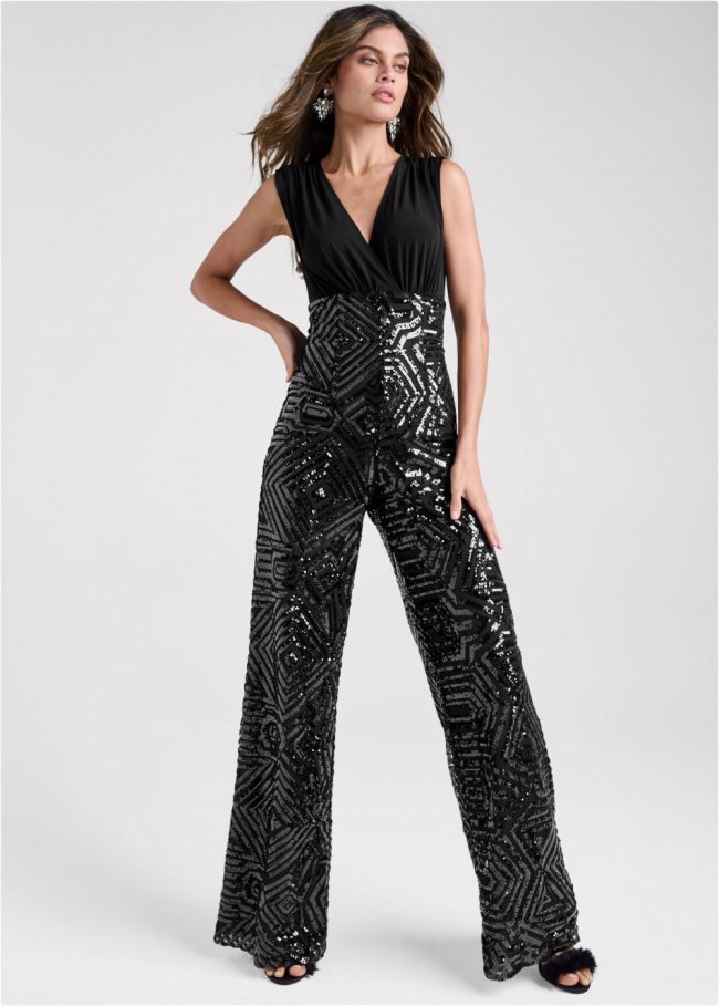 Venus Sequin Surplice Jumpsuit in Black Venus Sequin Surplice Jumpsuit in Black