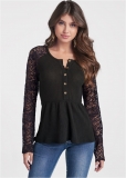 Venus Waffle And Lace Peplum Top in Black Venus Waffle And Lace Peplum Top in Black