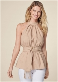 Venus Mock Neck Linen Top in Beige Venus Mock Neck Linen Top in Beige