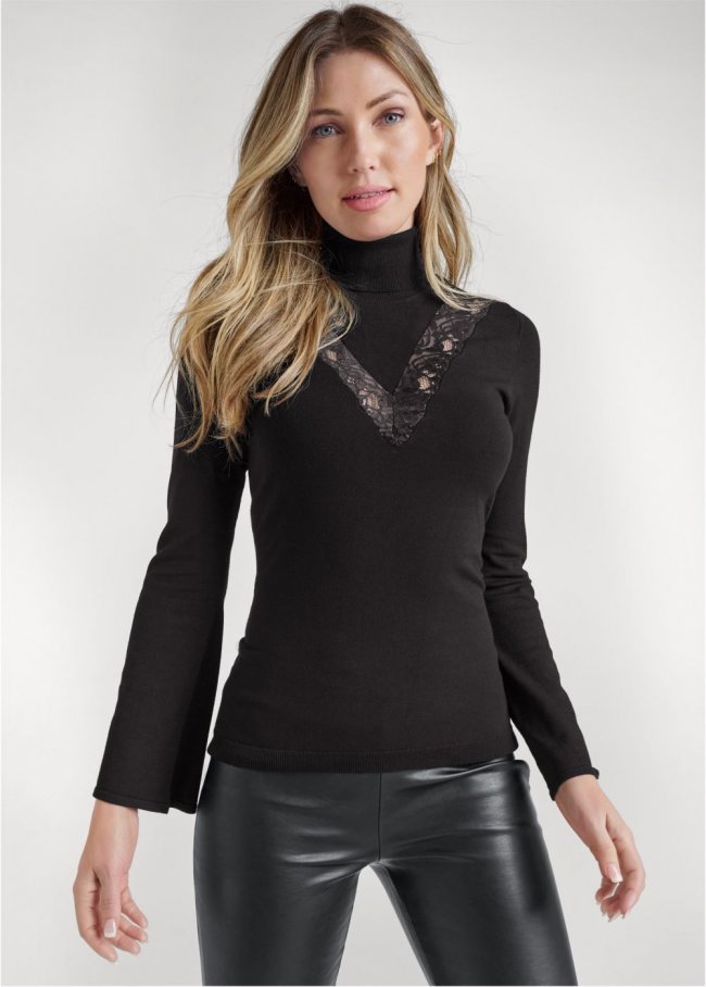 Venus VENUS | Lace Bell-Sleeve Turtleneck Sweater in Black Venus VENUS | Lace Bell-Sleeve Turtleneck Sweater in Black