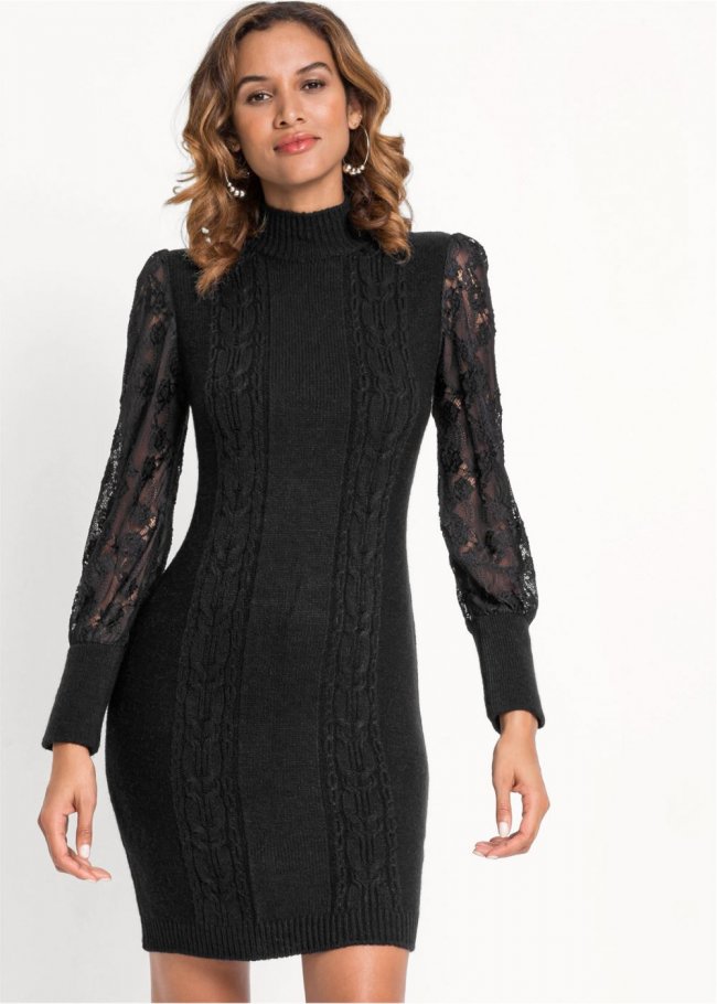 Venus Lace Sleeve Sweater Dress - Black