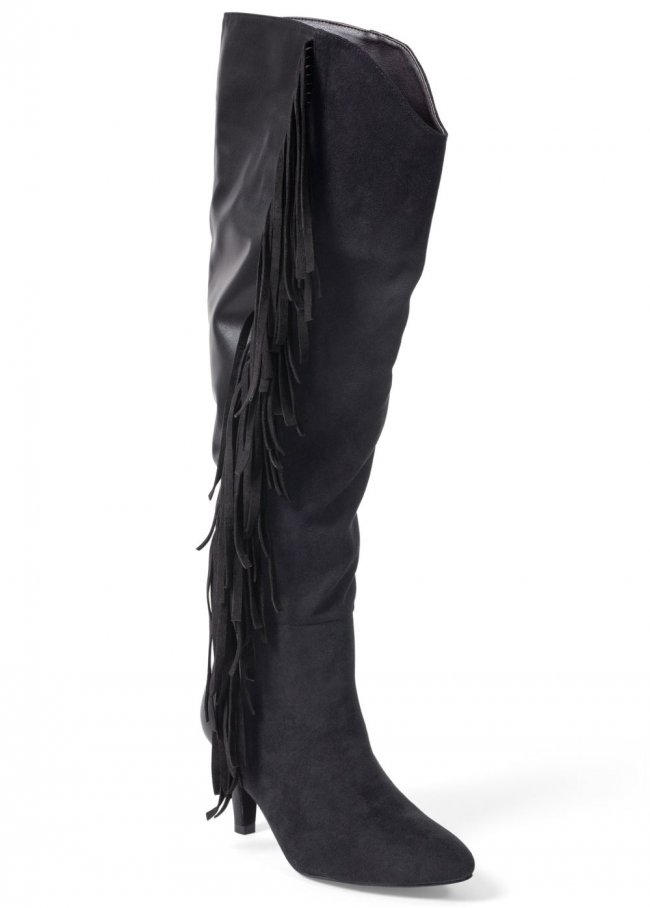 Venus Faux-Suede Fringe Boots in Black Venus Faux-Suede Fringe Boots in Black
