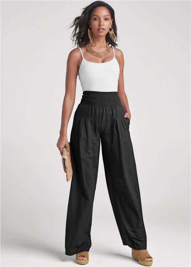 Venus Smocked Waist Wide Leg Pants in Black Venus Smocked Waist Wide Leg Pants in Black