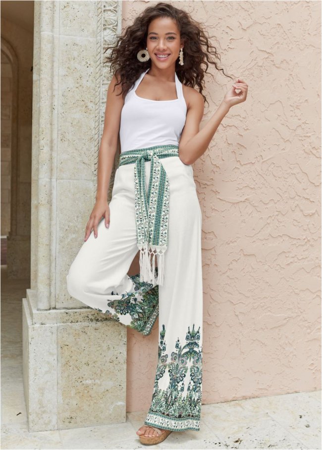 Venus Linen Paisley Print Pants in White Multi Venus Linen Paisley Print Pants in White Multi