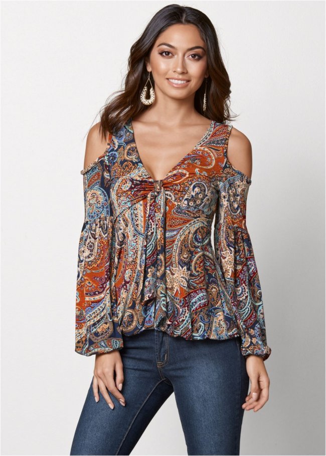 Venus Cold-Shoulder Paisley Top in Orange Multi Venus Cold-Shoulder Paisley Top in Orange Multi