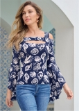 Venus Deep Ocean Bell Sleeve Top in Navy & White Venus Deep Ocean Bell Sleeve Top in Navy & White